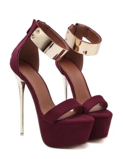 Burgundy Sexy Sandals 2026 Women High Heel Sandals Platform Metal Details Ankle Strap Sandal Shoes