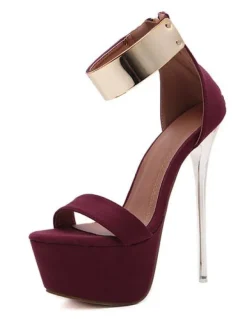 Burgundy Sexy Sandals 2026 Women High Heel Sandals Platform Metal Details Ankle Strap Sandal Shoes