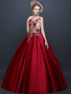 Burgundy Vintage Costume Victorian Princess Sleeveless Ball Gown Chic Satin Dress