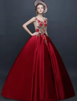 Burgundy Vintage Costume Victorian Princess Sleeveless Ball Gown Chic Satin Dress