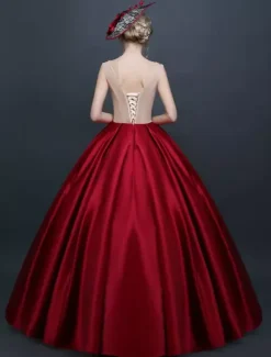 Burgundy Vintage Costume Victorian Princess Sleeveless Ball Gown Chic Satin Dress