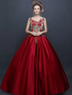 Burgundy Vintage Costume Victorian Princess Sleeveless Ball Gown Chic Satin Dress