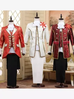 Burgundy Vintage Set Retro Buttons Ruffles Jacquard Long Sleeves Polyester Overcoat Retro Costumes For Man