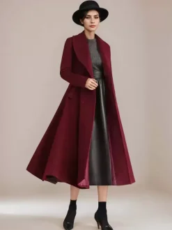 Burgundy Woolen Flared Coat Vintage Shawl Collar Double-breasted Winter A-line Outerwear For Women 2026
