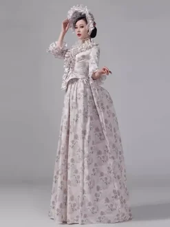 Bustle Victorian Dress Floral Countryside Elegant Long Sleeves Ball Maxi Retro Dress With Hat
