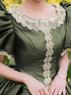 Bustle Victorian Dress Puff Sleeves Lace Ruffles Maxi Retro Dress With Hat