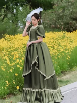Bustle Victorian Dress Puff Sleeves Lace Ruffles Maxi Retro Dress With Hat