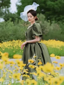 Bustle Victorian Dress Puff Sleeves Lace Ruffles Maxi Retro Dress With Hat