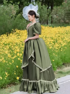 Bustle Victorian Dress Puff Sleeves Lace Ruffles Maxi Retro Dress With Hat