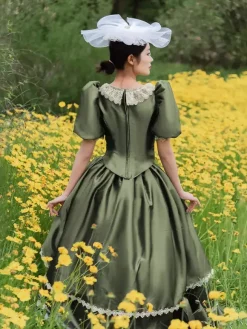 Bustle Victorian Dress Puff Sleeves Lace Ruffles Maxi Retro Dress With Hat