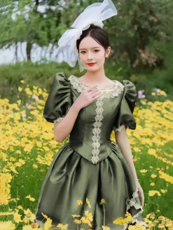 Bustle Victorian Dress Puff Sleeves Lace Ruffles Maxi Retro Dress With Hat