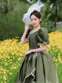 Bustle Victorian Dress Puff Sleeves Lace Ruffles Maxi Retro Dress With Hat