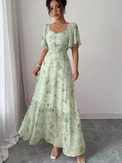 Butterfly Print Women's Chiffon Maxi Dress - Ruched Bust Flutter Sleeve Date Night Dress - Summer Garden Wedding Guest 2026