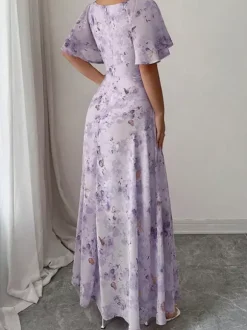 Butterfly Print Women's Chiffon Maxi Dress - Ruched Bust Flutter Sleeve Date Night Dress - Summer Garden Wedding Guest 2026