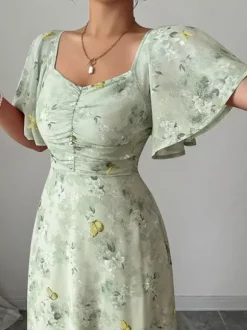 Butterfly Print Women's Chiffon Maxi Dress - Ruched Bust Flutter Sleeve Date Night Dress - Summer Garden Wedding Guest 2026