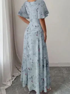 Butterfly Print Women's Chiffon Maxi Dress - Ruched Bust Flutter Sleeve Date Night Dress - Summer Garden Wedding Guest 2026