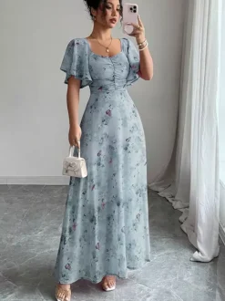 Butterfly Print Women's Chiffon Maxi Dress - Ruched Bust Flutter Sleeve Date Night Dress - Summer Garden Wedding Guest 2026