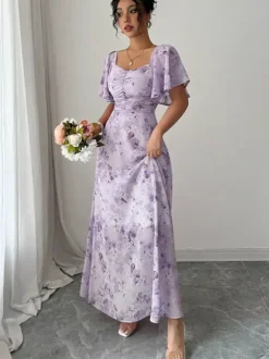 Butterfly Print Women's Chiffon Maxi Dress - Ruched Bust Flutter Sleeve Date Night Dress - Summer Garden Wedding Guest 2026