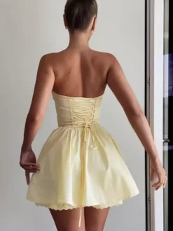 Butter Yellow Sleeveless Lace-Trimmed Mini Corset Dress With Lace-up Back 2026