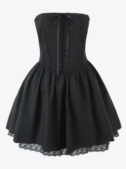 Butter Yellow Sleeveless Lace-Trimmed Mini Corset Dress With Lace-up Back 2026