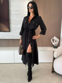 Button Up Drawstring Waist Midi Shirt Dress For Women 2026