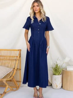 Button Front Denim Long Dress For Women - Dark Blue Boho A-Line Fit And Flare Short Sleeve Jean Dress - Summer Daily Casual 2026