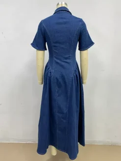 Button Front Denim Long Dress For Women - Dark Blue Boho A-Line Fit And Flare Short Sleeve Jean Dress - Summer Daily Casual 2026