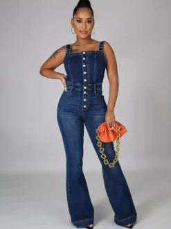 Button Up Washed Denim Jumpsuit For Women - Dark Blue Retro Bodycon Flare Leg Overalls - Summer Chic Streetwear 2026