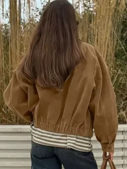 Camel Faux Suede Women's Bomber Jacket - Retro Zip Up Elastic Hem Relaxed Fit - Spring Daily Casual Streetwear 2026