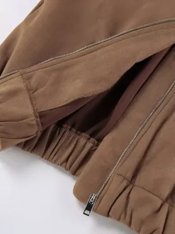 Camel Faux Suede Women's Bomber Jacket - Retro Zip Up Elastic Hem Relaxed Fit - Spring Daily Casual Streetwear 2026