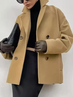 Camel Double Breasted Women Pea Coat - Minimalist Notch Lapel Boxy Fit - Quiet Luxury Spring Streetwear 2026