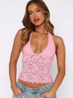 Cami Halter Pink Top U-Neck Lace Chic Backless Camis For Women