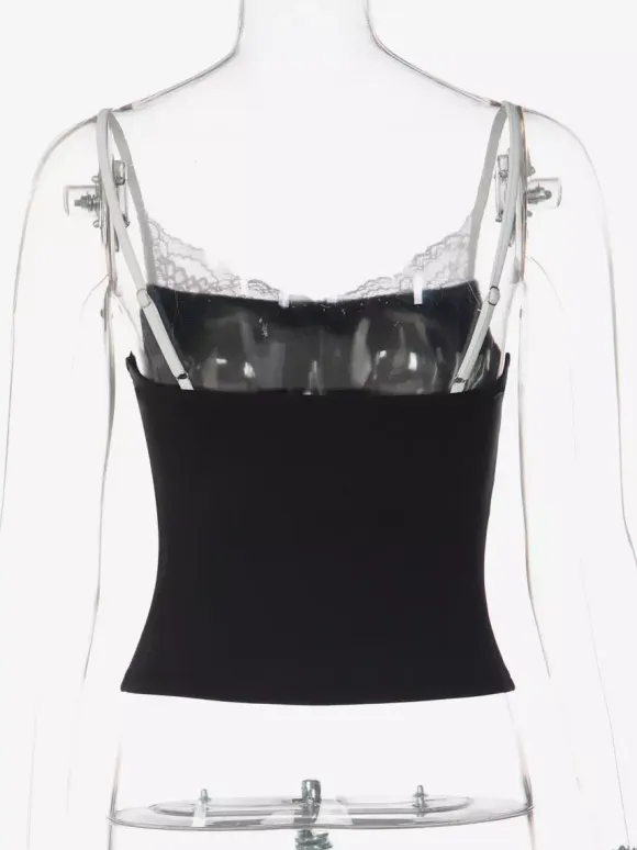 Cami Top Contrast Eyelash Lace Square Neck Spaghetti Strap Crop Cami Top