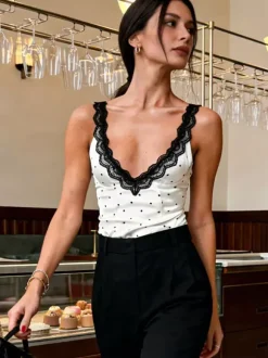 Cami Top Straps Neck Lace White Chic Polka Dot Summer Camis For Women