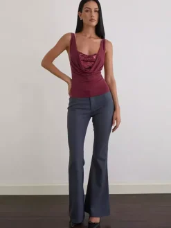Cami Top Cowl Neck Sequins Casual Burgundy Camis For Women