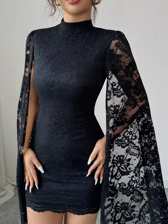 Cape Sleeve High Neck Floral Lace Bodycon Mini Dress For Women 2026