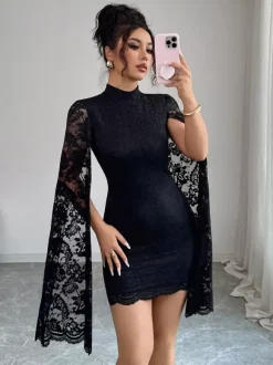 Cape Sleeve High Neck Floral Lace Bodycon Mini Dress For Women 2026
