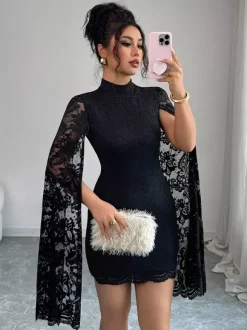 Cape Sleeve High Neck Floral Lace Bodycon Mini Dress For Women 2026