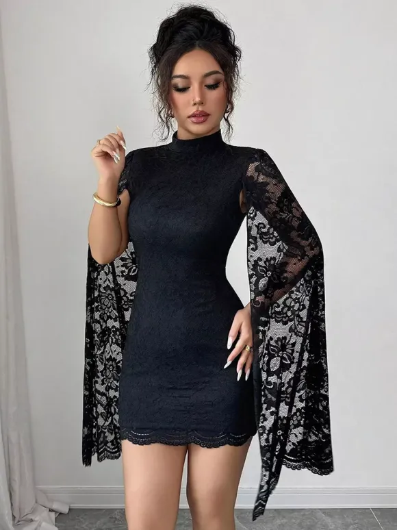 Cape Sleeve High Neck Floral Lace Bodycon Mini Dress For Women 2026