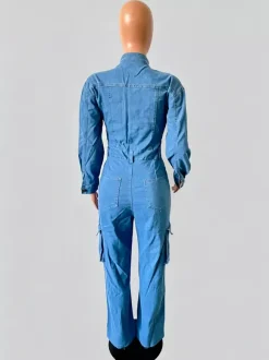 Cargo Denim Jumpsuit For Women - Light Blue Utility Style Accordion Pocket Wide Leg Jean Romper - Spring Streetwear 2026