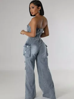 Cargo Strapless Denim Jumpsuit For Women - Blue Y2K Ripped Wide Leg Bodycon Playsuit With Pocket - Summer Night Out Club 2026