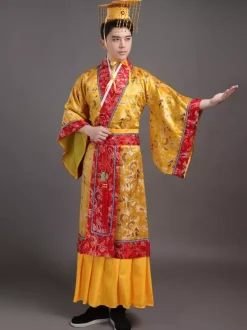 Carnival Chinese Costume Gold Emperor Long Gown With Sash And Hat For Men