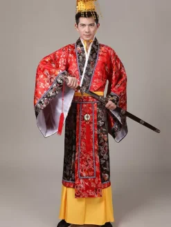 Carnival Chinese Costume Gold Emperor Long Gown With Sash And Hat For Men