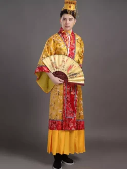 Carnival Chinese Costume Gold Emperor Long Gown With Sash And Hat For Men