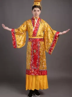 Carnival Chinese Costume Gold Emperor Long Gown With Sash And Hat For Men