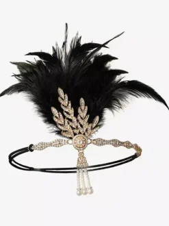 Carnival Flapper Dress Accessories Feather Rhinestone Black Flapper Headband 1920s Great Gatsby