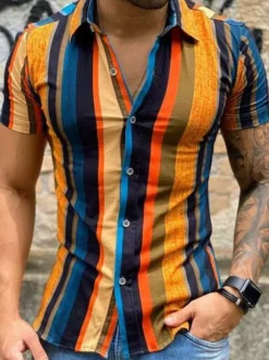 Casual Shirt For Men Turndown Collar Chic Printed Orange Men's Shirts