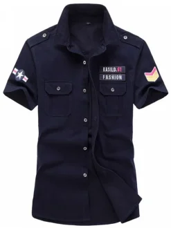 Casual Shirt For Men Turndown Collar Casual Asymmetrical Patchwork Dark Navy Men's Shirts