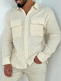 Casual Shirt For Men Turndown Collar Chic White Men's Shirts