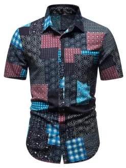 Casual Shirt For Men Turndown Collar Chic Geometric Black Men's Shirts
